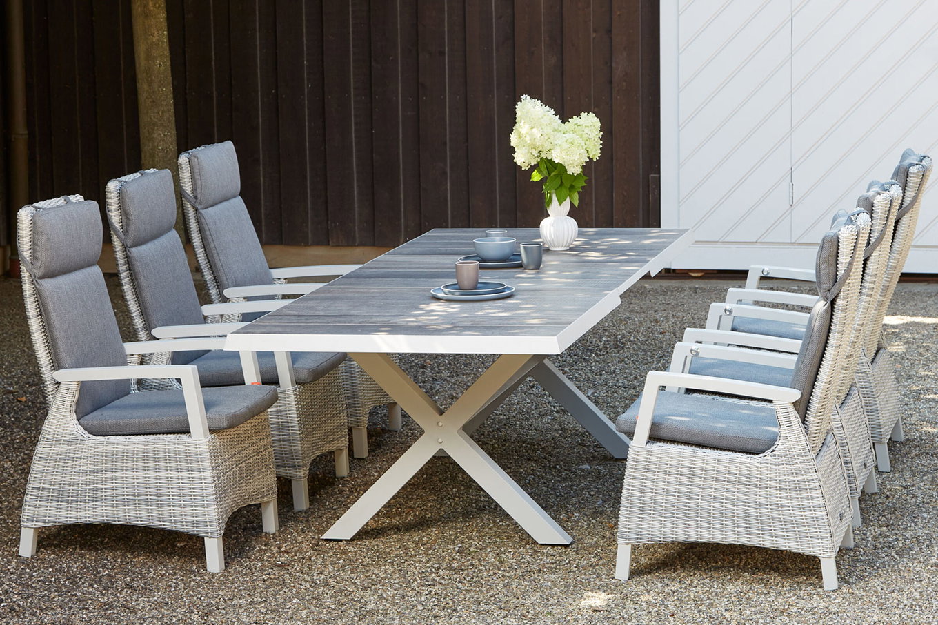 SIENA GARDEN Corido/Sincro Garten-Essgruppe, ice grey/weiß grau, Alu/Gardino®-Geflecht/Keramik, Ausziehtisch 200/260x100 cm, 6 Diningsessel 22089__1