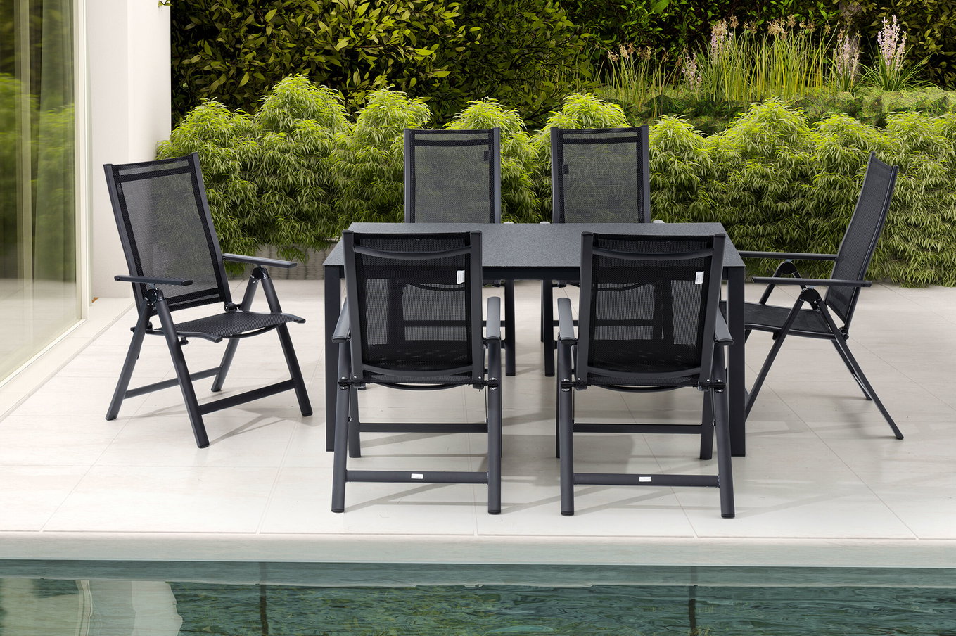OUTFLEXX Garten-Essgruppe, anthrazit matt, Alu/Spraystone/Textilen, 160x95 cm, 6 Klappstühle, verstellbar 28186__1