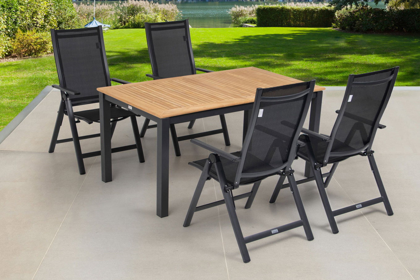 OUTFLEXX Garten-Essgruppe, OUTFLEXX® anthrazit matt, Alu / Teak / Textil, Ausziehtisch 150/210 x 90 cm, 4 Klappstühle 22173__1