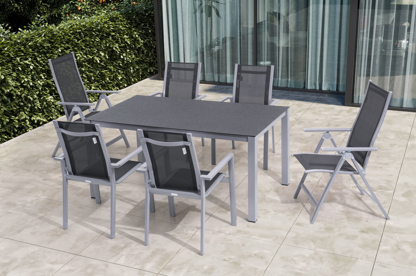 OUTFLEXX Garten-Essgruppe, silber/anthrazit, Alu/Spraystone/Textilen, 160 x 95 cm, 4 Stapelsessel, 2 Klappstühle 28174__1
