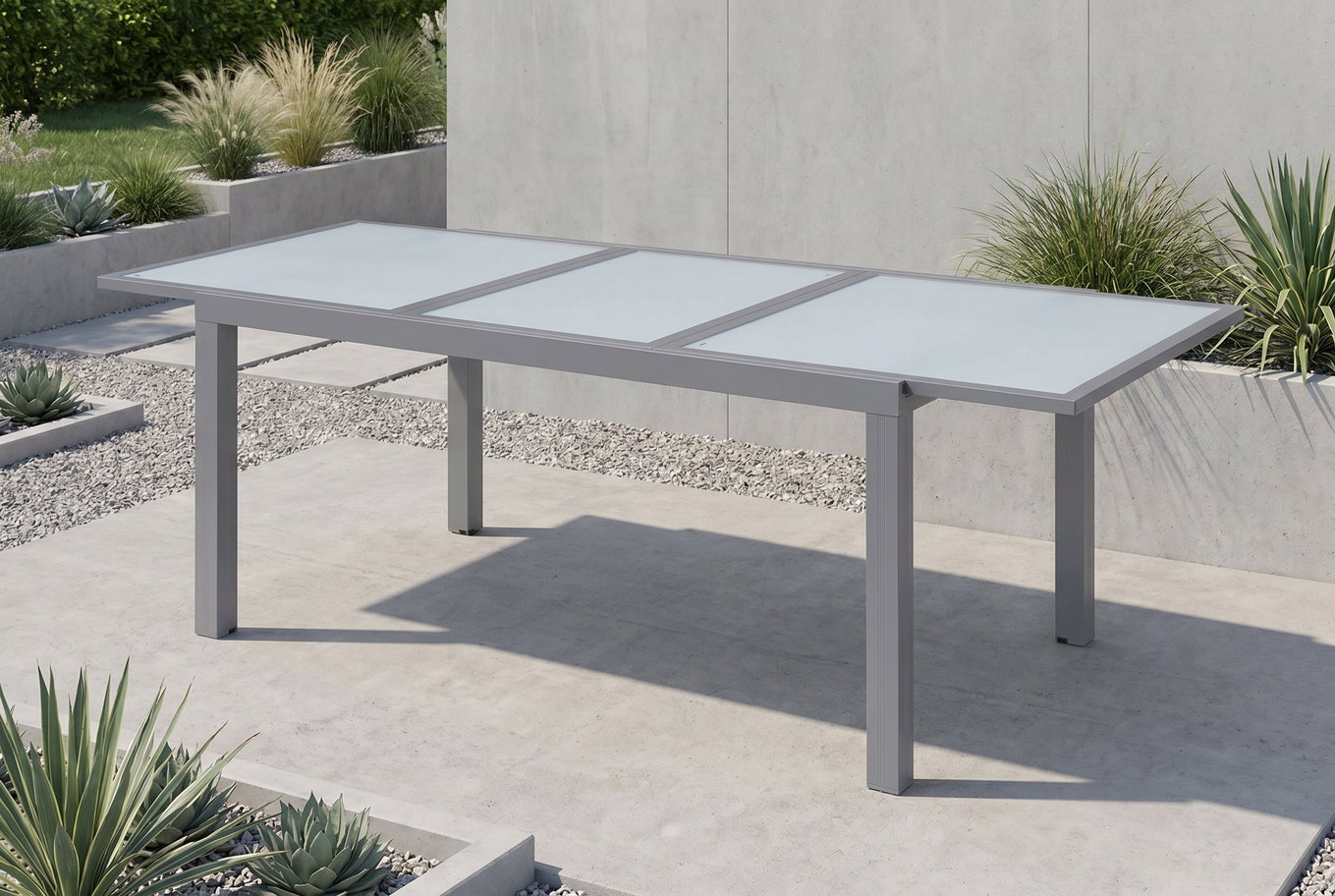 B-Ware: VILLANA Sylvania Ausziehtisch, silber/weiß, Alu/Sicherheitsglas, 160/220x90 cm, Flügelmechanismus