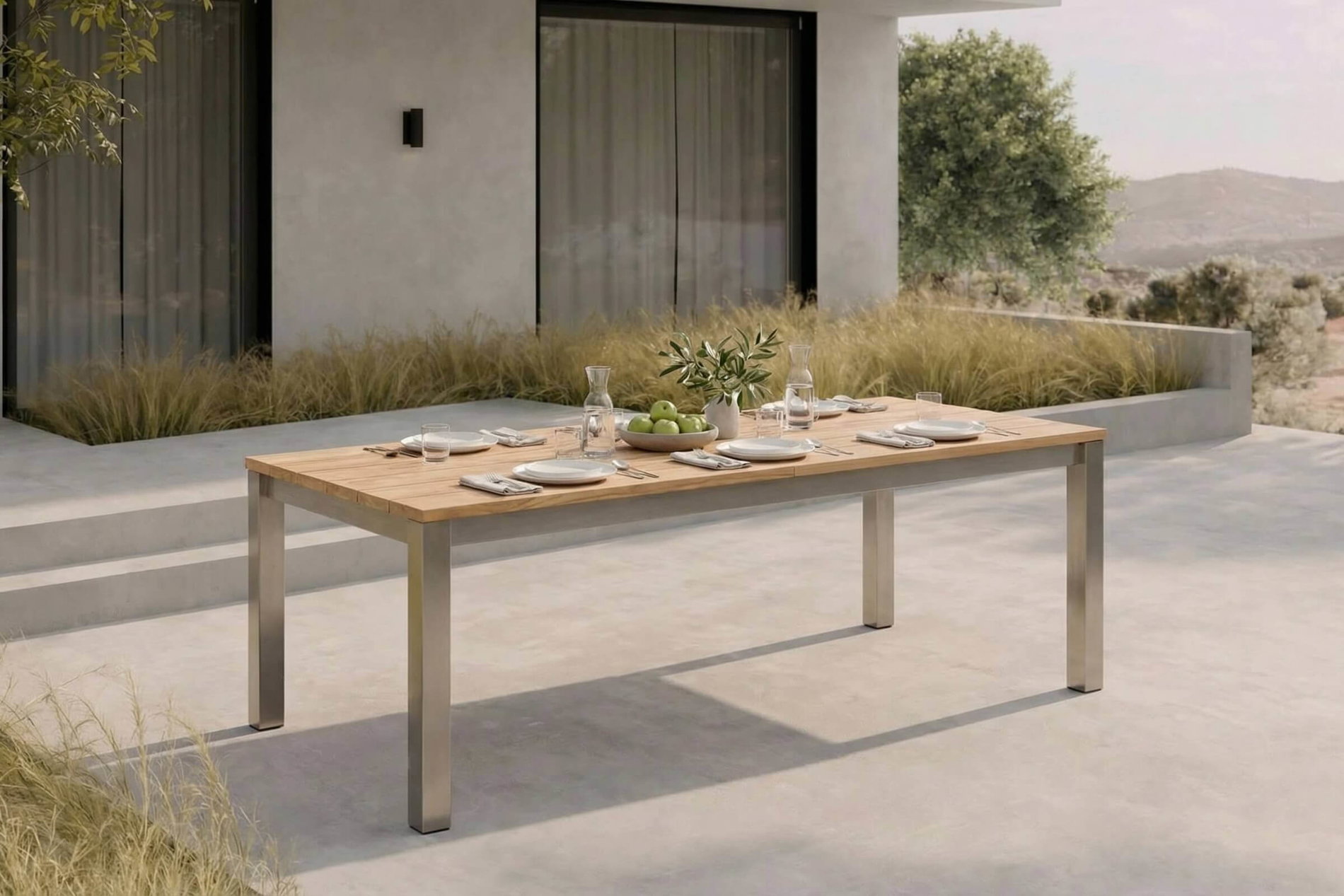 OUTFLEXX Ausziehtisch, Teakholz/Edelstahl, Plattenstärke 25 mm, 220/340 x 100 cm, FSC®-zertifiziertes Produkt