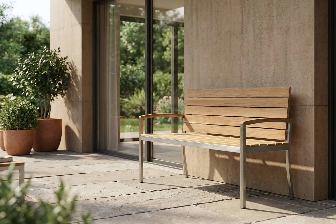 OUTFLEXX Gartenbank, Teakholz/Edelstahl, 2-Sitzer, 130x55x80cm, FSC®-zertifiziertes Produkt