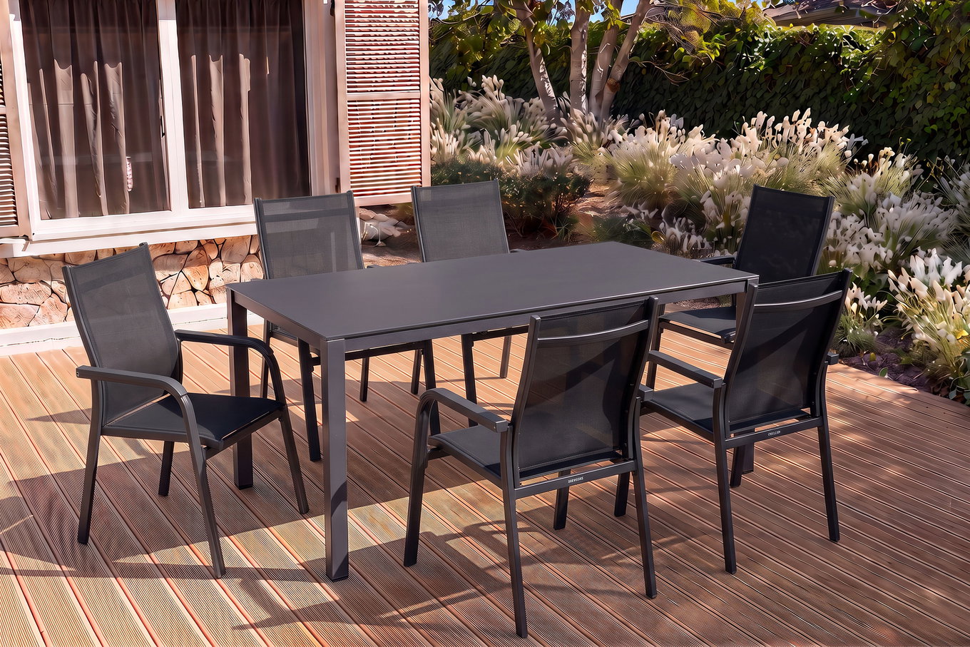 Kettler Esstischgruppe, anthrazit/anthrazit, Kettalux-Plus Dining-Tisch 160x95cm, 6 Stapelsessel BasicPlus