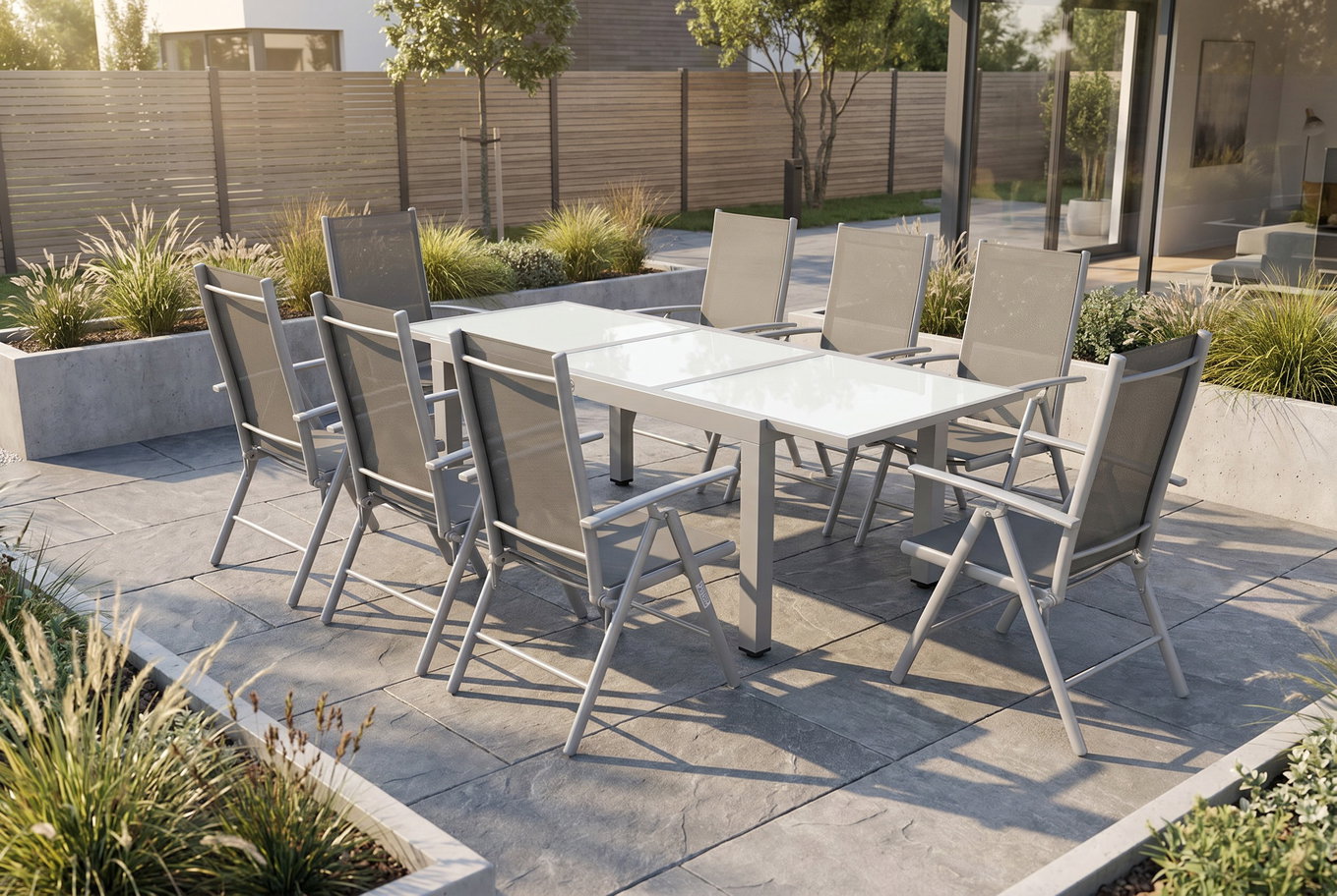 VILLANA Garten-Essgruppe, silber/schwarz, Alu/Textil, Tisch 160/220 cm, 8 Klappstühle