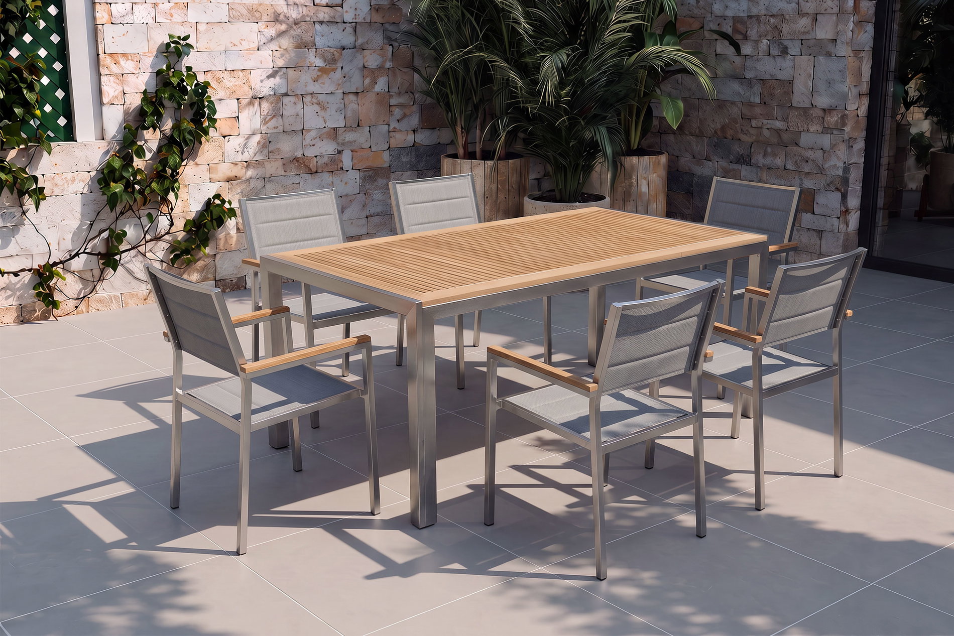 OUTFLEXX Garten-Essgruppe, silber, Edelstahl/Teak, Esstisch 180 x 90 cm, 6 Stapelstühle gepolstert OUTFLEXX Garten-Essgruppe, silber, Edelstahl/Teak, Esstisch 180 x 90 cm, 6 Stapelstühle gepolstert