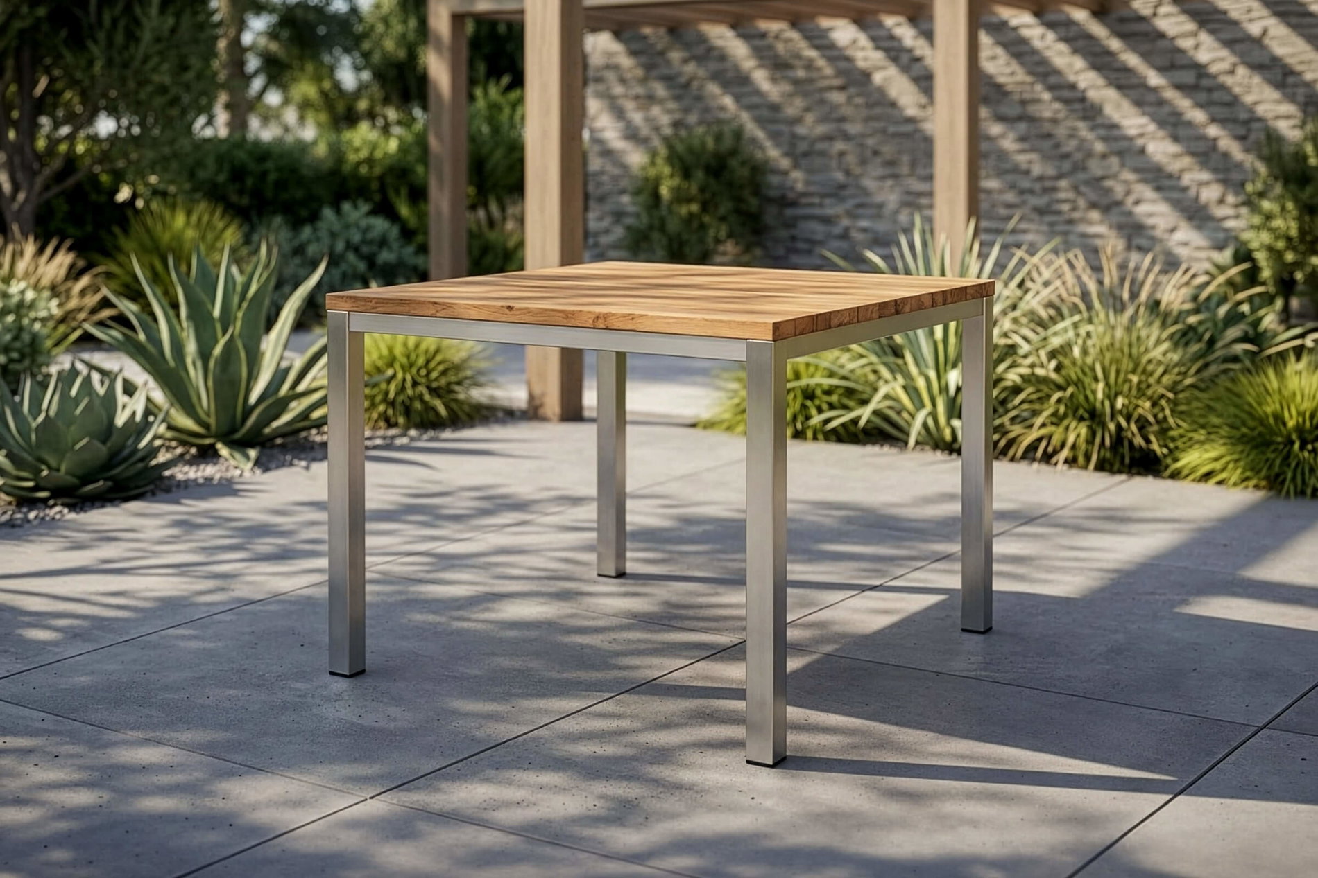 OUTFLEXX Esstisch, silber/natur, Edelstahl/ recyceltes Teak, 90x90cm, rustikal gebürstet, FSC®-zertifiziertes Produkt OUTFLEXX Esstisch, silber/natur, Edelstahl/ recyceltes Teak, 90x90cm, rustikal gebürstet, FSC®-zertifiziertes Produkt