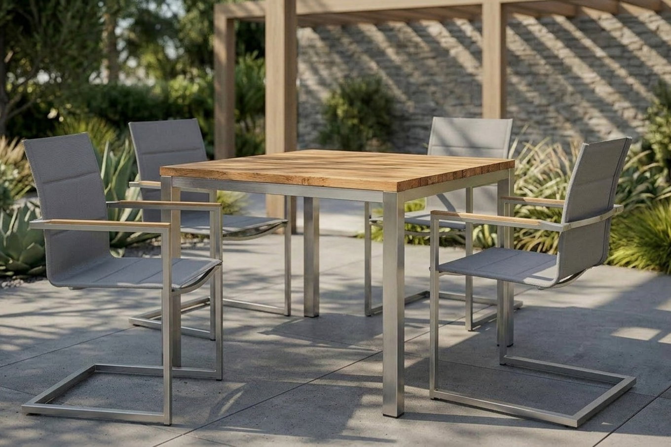 OUTFLEXX Garten-Essgruppe, Edelstahl/recyceltes Teak, Tisch 90 x 90 cm, 4 Freischwinger padded, silber, FSC®-zertifiziertes Produkt