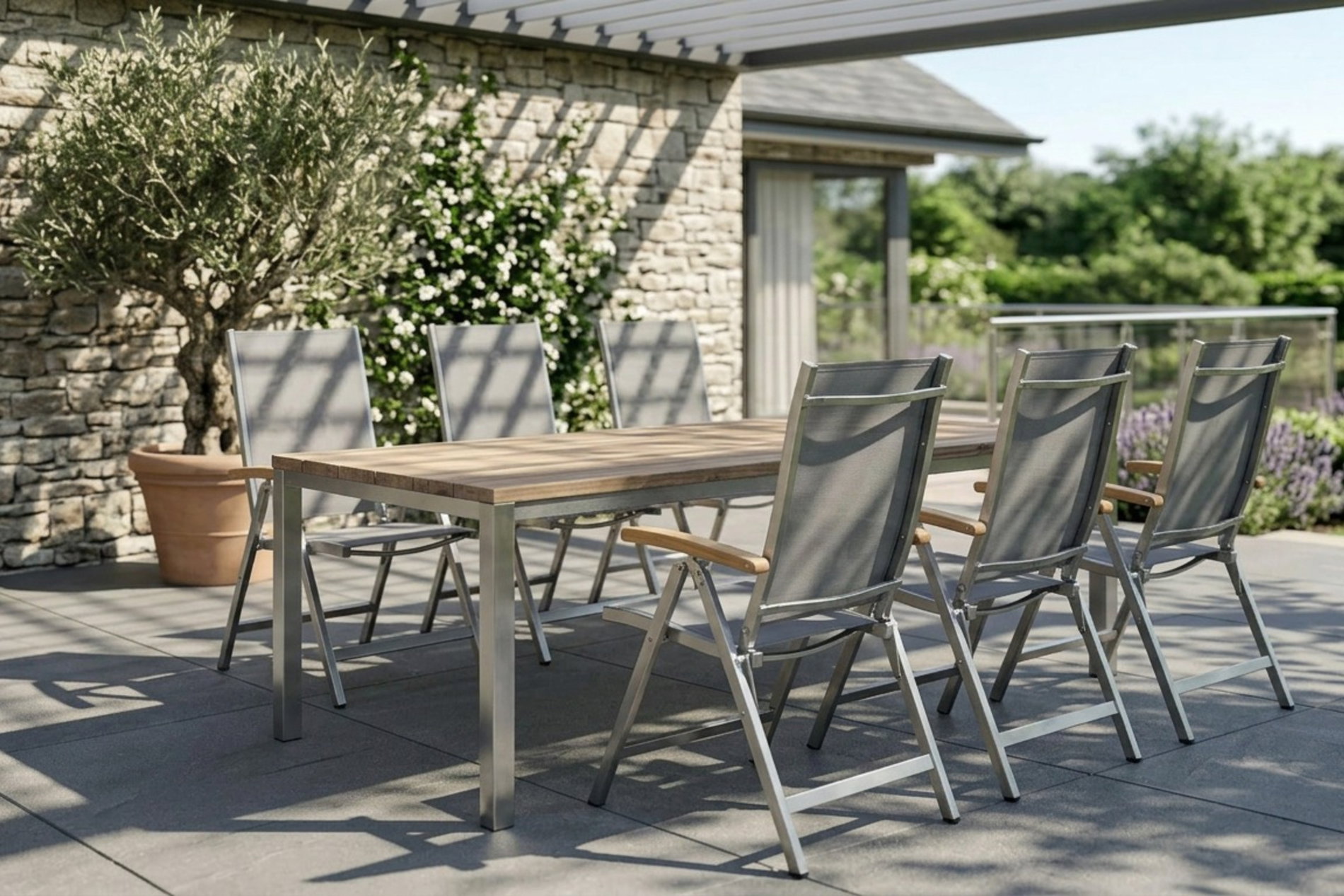 OUTFLEXX Garten-Essgruppe, Edelstahl/recyceltes Teak, Tisch 180 x 90 cm, 6 Klappstühle, silber, FSC®-zertifiziertes Produkt