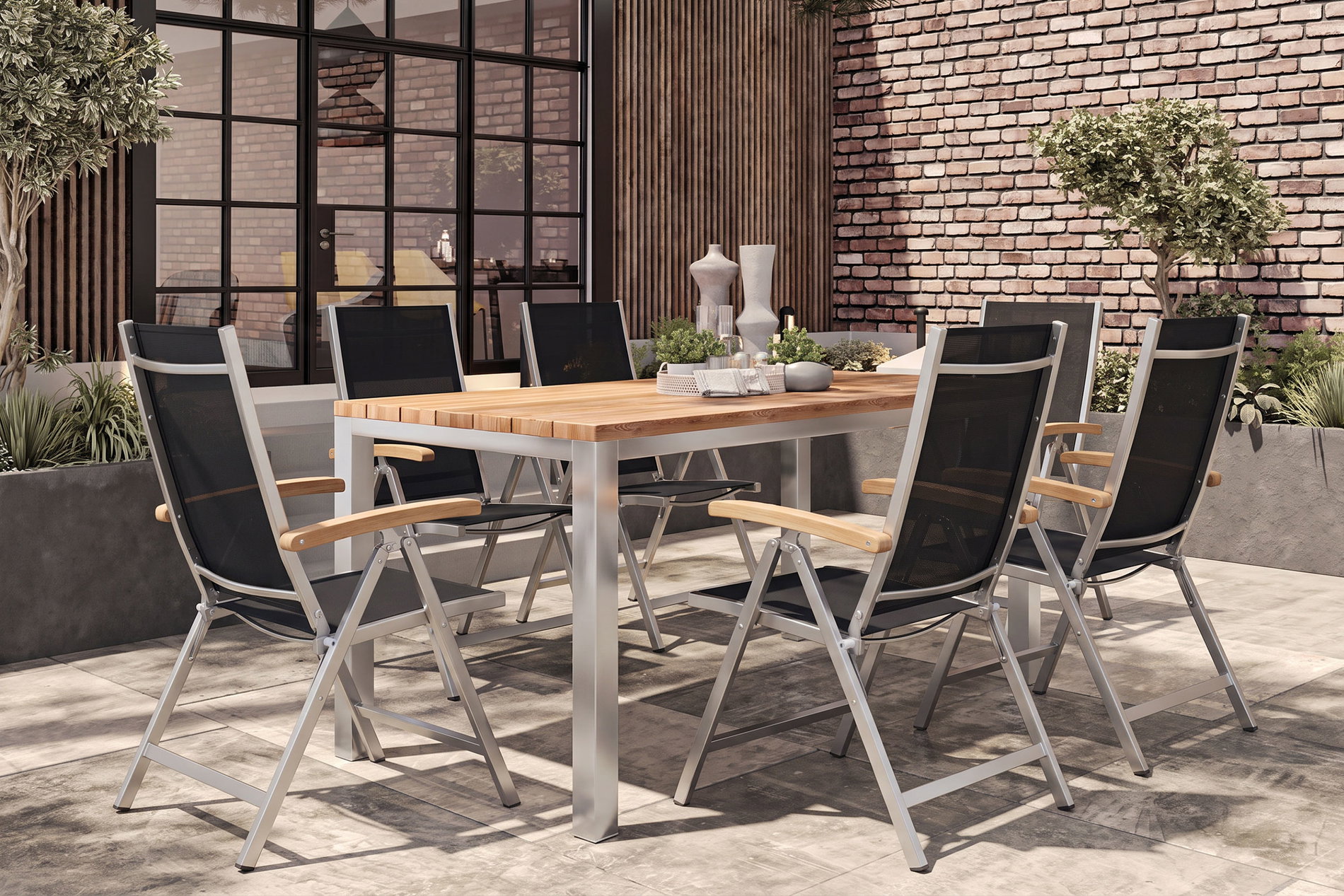 OUTFLEXX Garten-Essgruppe, Edelstahl / Teak, Tisch 200 x 100 cm, 6 Klappstühle, schwarz OUTFLEXX Garten-Essgruppe, Edelstahl / Teak, Tisch 200 x 100 cm, 6 Klappstühle, schwarz