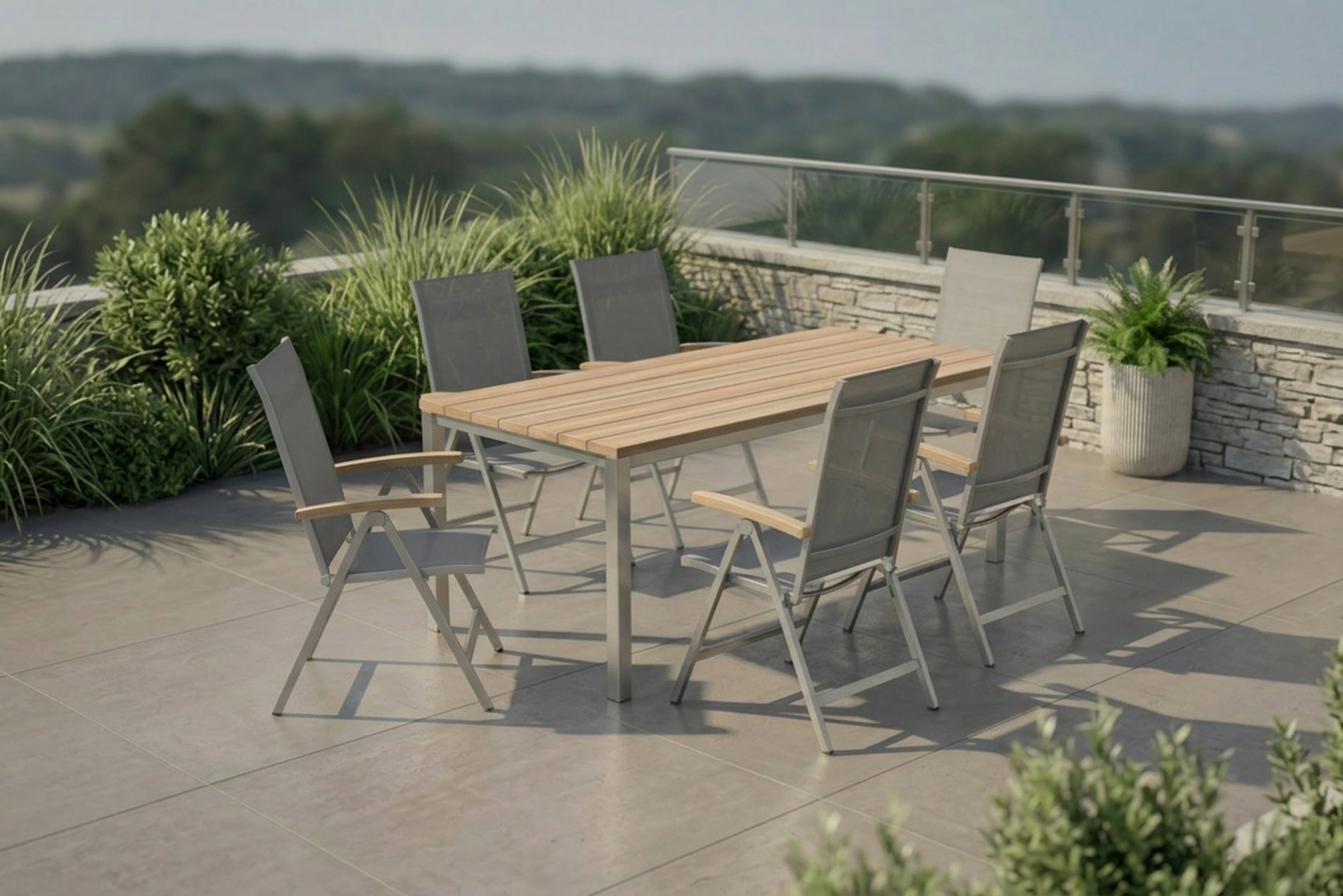 OUTFLEXX Garten-Essgruppe, Edelstahl / Teak, Tisch 200 x 100 cm, 6 Klappstühle, silber OUTFLEXX Garten-Essgruppe, Edelstahl / Teak, Tisch 200 x 100 cm, 6 Klappstühle, silber