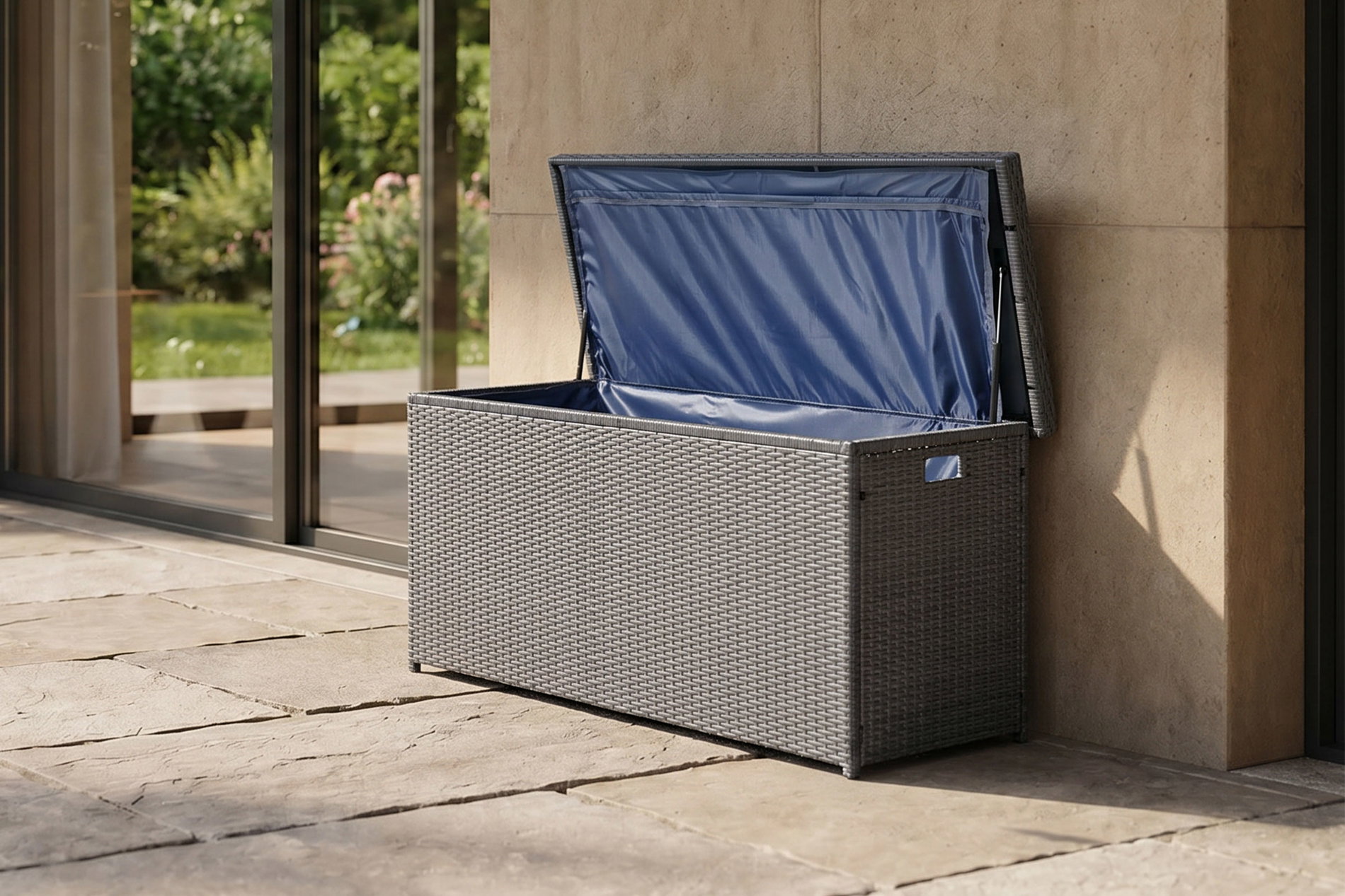 OUTFLEXX Rocking Kissenbox, grau/braun-meliert, Polyrattan, 145x58x73 cm, inkl. Inlay