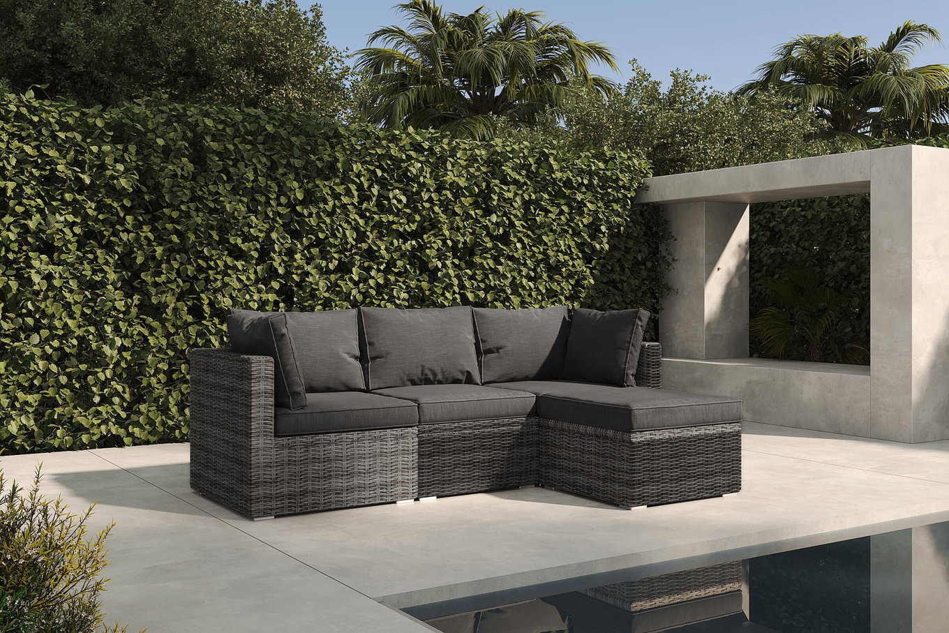 OUTFLEXX Loungegruppe, grau, Polyrattan, 4 Personen, verstellbare Sitzflächen, wasserfeste Kissenbox