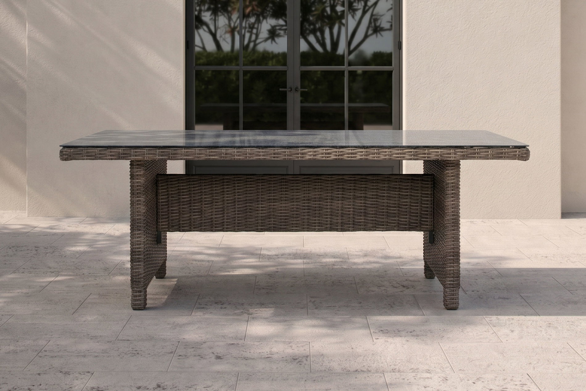 OUTFLEXX Esstisch, grau, Polyrattan, 200 x 95 cm, Tischplatte Spraystone, 6mm, aufliegend OUTFLEXX Esstisch, grau, Polyrattan, 200 x 95 cm, Tischplatte Spraystone, 6mm, aufliegend
