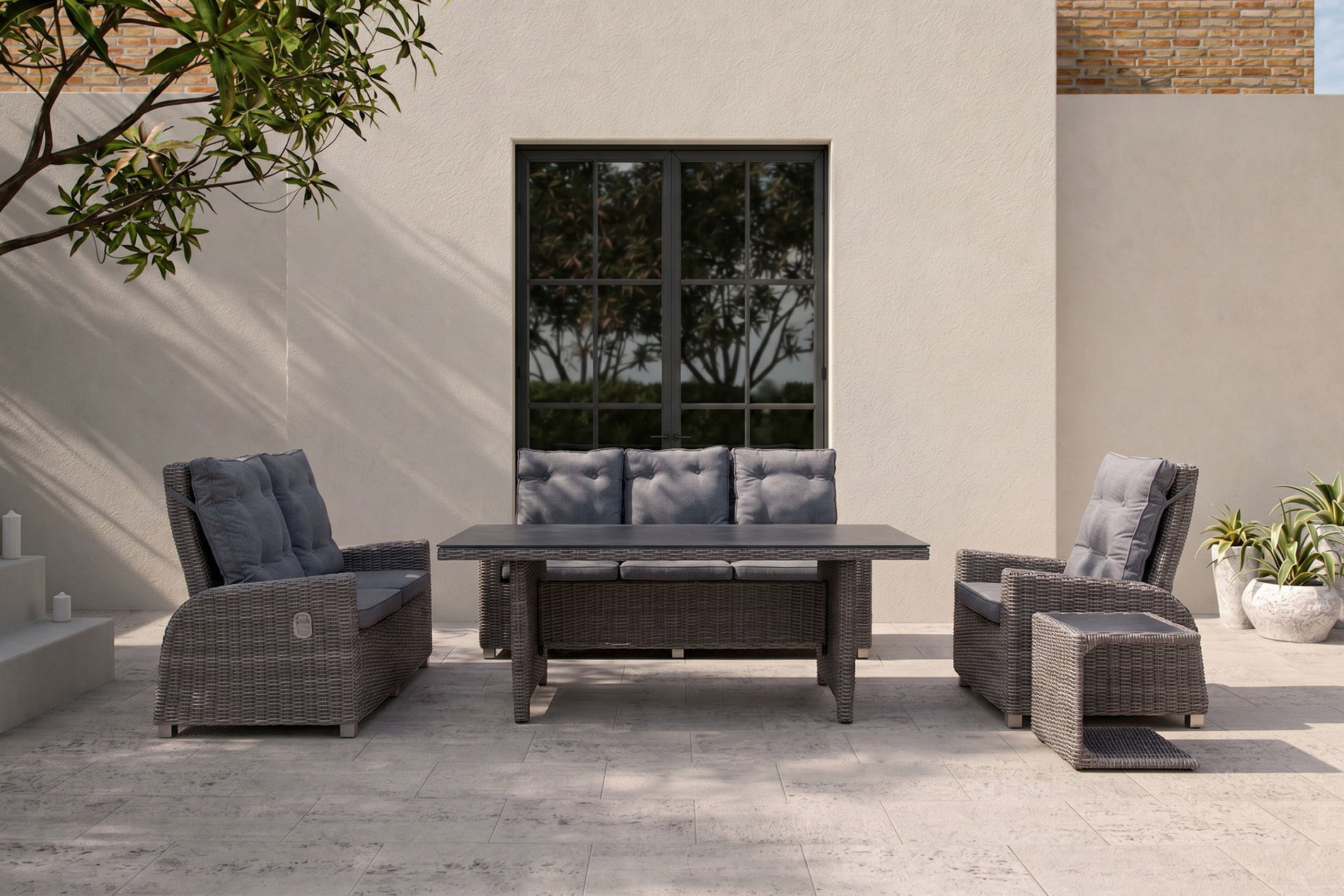OUTFLEXX Garten-Essgruppe, grau, Polyrattan, Tisch 200 x 95 cm, 6 Personen, verstellbare Rückenlehnen OUTFLEXX Garten-Essgruppe, grau, Polyrattan, Tisch 200 x 95 cm, 6 Personen, verstellbare Rückenlehnen