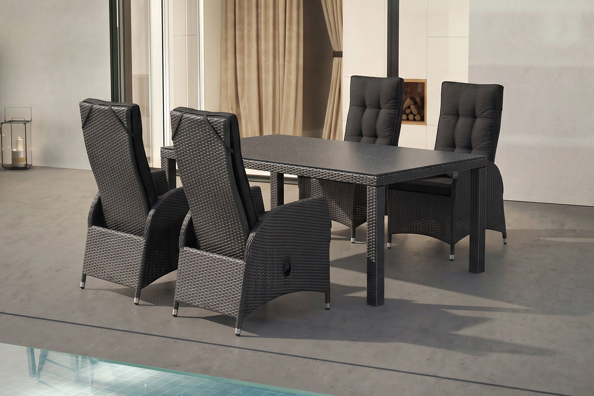 OUTFLEXX Rocking Garten-Essgruppe, grau/braun-meliert, Polyrattan, Tisch 180 x 110 cm, 4 Sessel
