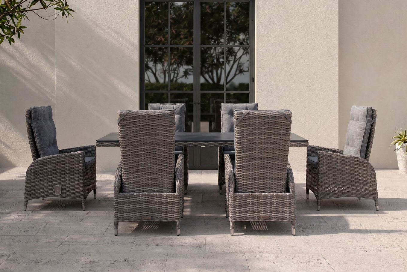 OUTFLEXX Garten-Essgruppe, grau, Polyrattan, Tisch 200 x 95 cm, 6 Sessel, verstellbar