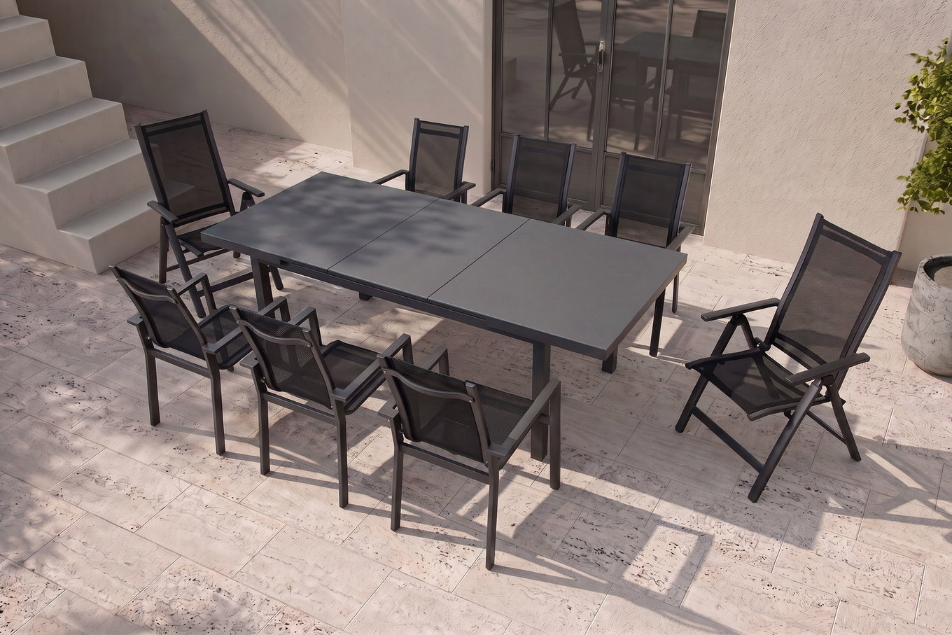 OUTFLEXX Premium Garten-Essgruppe, 8 Personen, ausziehbarer Tisch 180–240 cm, Alu/Textilene, 6 Stapel- 2 Klappstühle