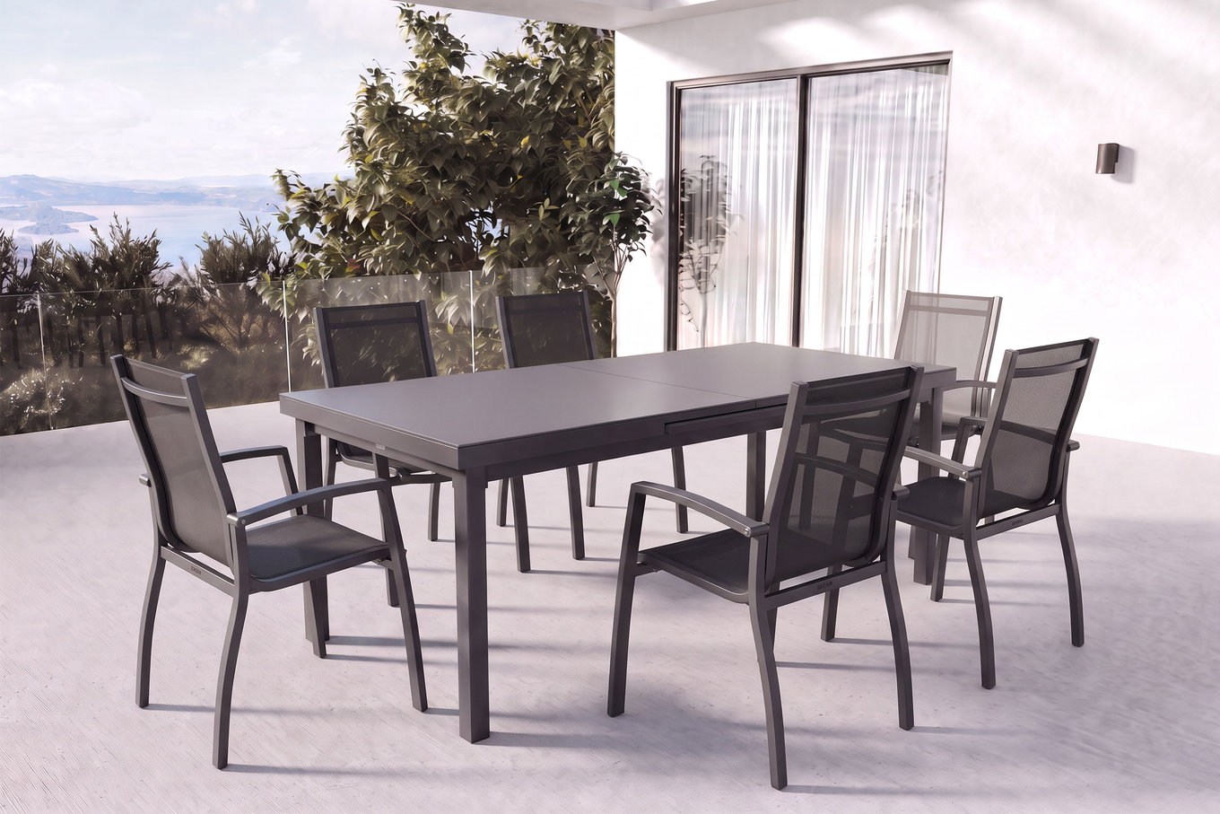 KETTLER Altura Garten-Essgruppe, anthrazit, Alu/Textilene, Tisch 180/240x100cm, 6 Stapelsessel