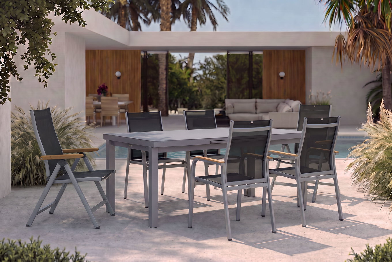 KETTLER Granada Garten-Essgruppe, silber, Alu/Textilene, Tisch 180/240x100cm, 4 Stapel-, 2 Klappstühle