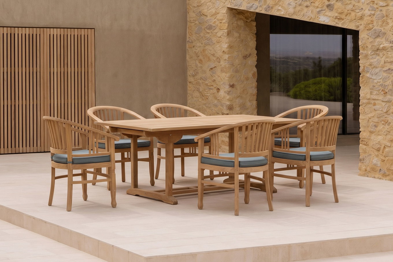 OUTFLEXX Garten-Essgruppe, 6 Personen, ausziehbarer Tisch 160–210 cm, Teakholz, inkl. Polster