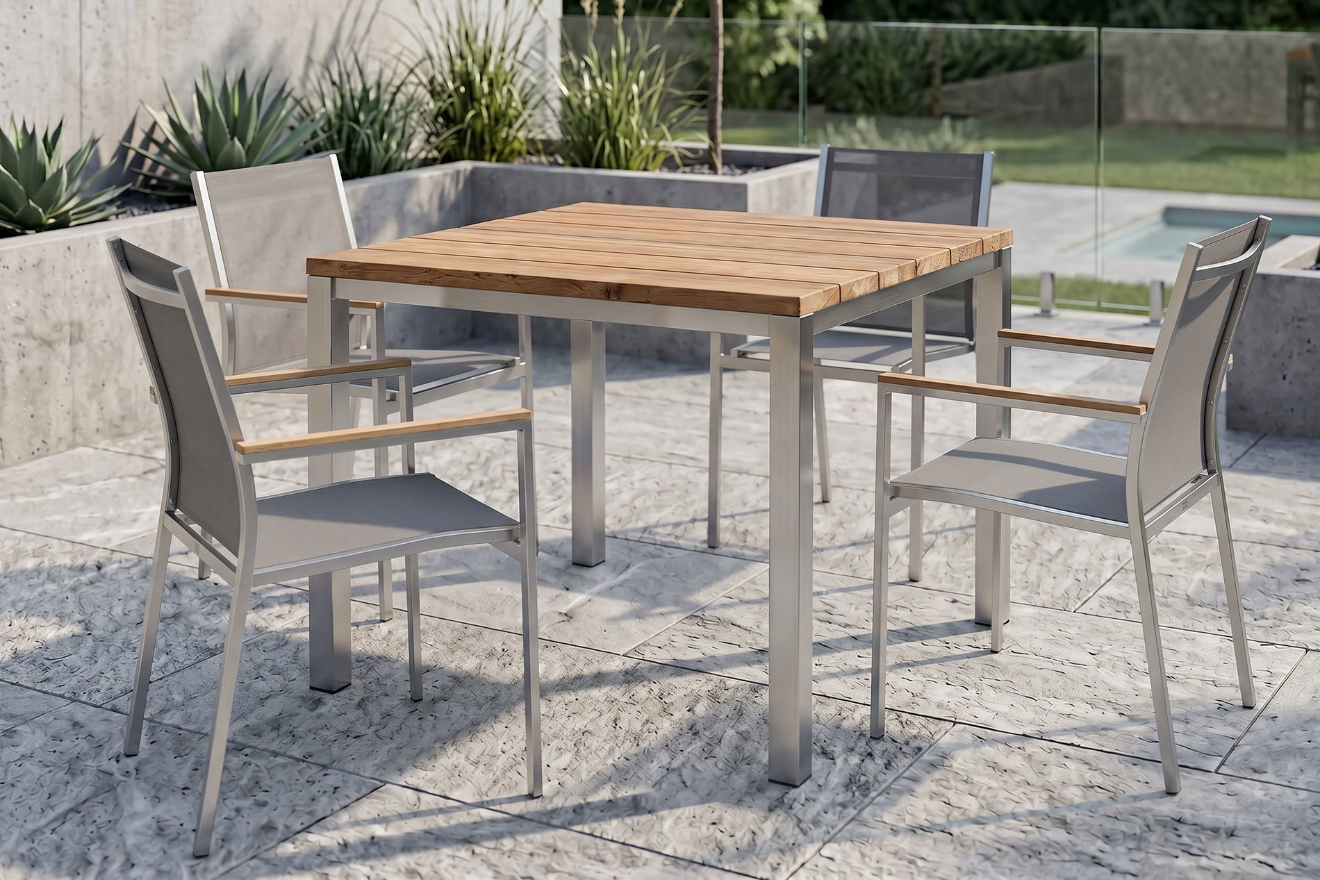 STERN Cardiff Garten-Essgruppe, silber/taupe, Edelstahl/recyceltes Teak, Tisch 90 x 90 cm, 4 Stapelsessel, FSC®-zertifiziertes Produkt STERN Cardiff Garten-Essgruppe, silber/taupe, Edelstahl/recyceltes Teak, Tisch 90 x 90 cm, 4 Stapelsessel, FSC®-zertifiziertes Produkt