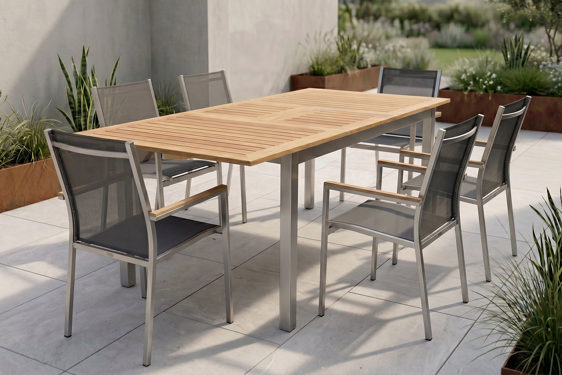 STERN Cardiff Garten-Essgruppe, silber/silbergrau, Edelstahl/Teak, Tisch 150/200 x 90 cm, 6 Stapelsessel STERN Cardiff Garten-Essgruppe, silber/silbergrau, Edelstahl/Teak, Tisch 150/200 x 90 cm, 6 Stapelsessel