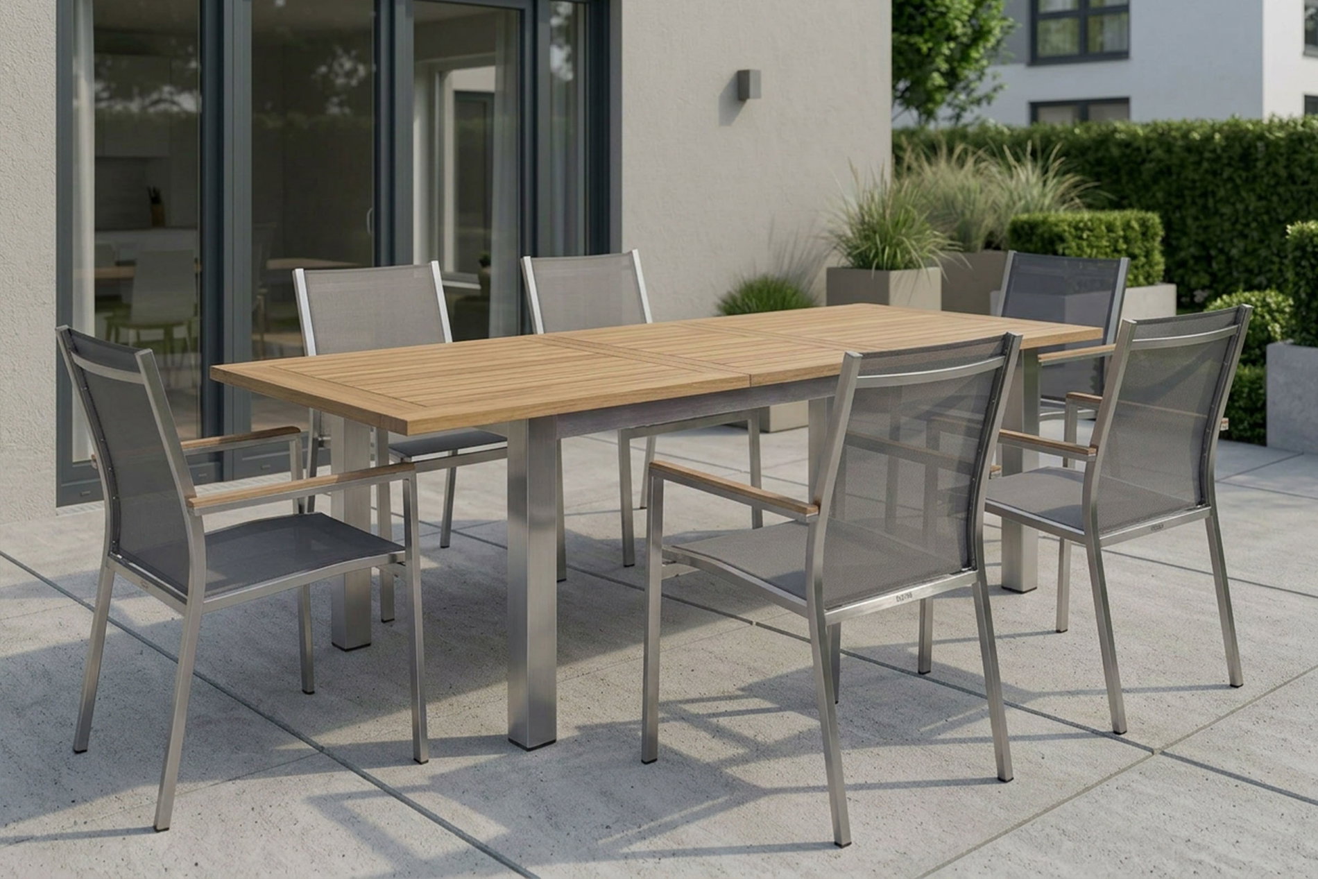 STERN Cardiff Garten-Essgruppe, silber/silbergrau, Edelstahl/recyceltes Teak, Tisch 200/260 x 100 cm, 6 Stapelsessel, FSC®-zertifiziertes Produkt STERN Cardiff Garten-Essgruppe, silber/silbergrau, Edelstahl/recyceltes Teak, Tisch 200/260 x 100 cm, 6 Stapelsessel, FSC®-zertifiziertes Produkt