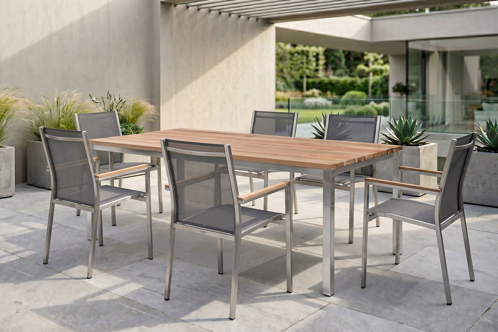STERN Cardiff Garten-Essgruppe, silber/silbergrau, Edelstahl/Teak, Tisch 200 x 100 cm, 6 Stapelsessel STERN Cardiff Garten-Essgruppe, silber/silbergrau, Edelstahl/Teak, Tisch 200 x 100 cm, 6 Stapelsessel
