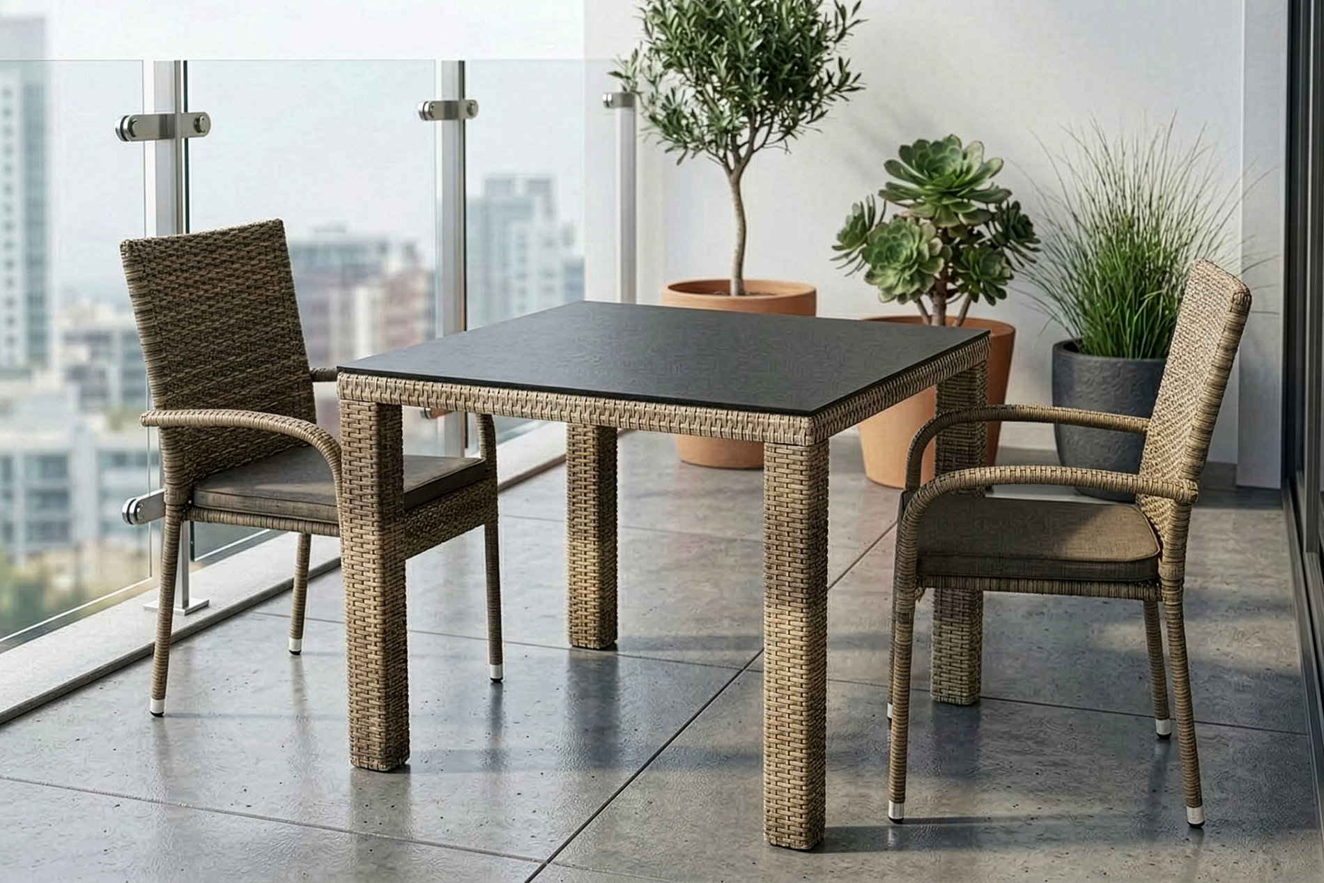 OUTFLEXX Rabida Balkon-Set, champagner-meliert, Polyrattan, Tisch 90x90 cm, 2 Stapelstühle, Glasplatte in Steinoptik OUTFLEXX Rabida Balkon-Set, champagner-meliert, Polyrattan, Tisch 90x90 cm, 2 Stapelstühle, Glasplatte in Steinoptik