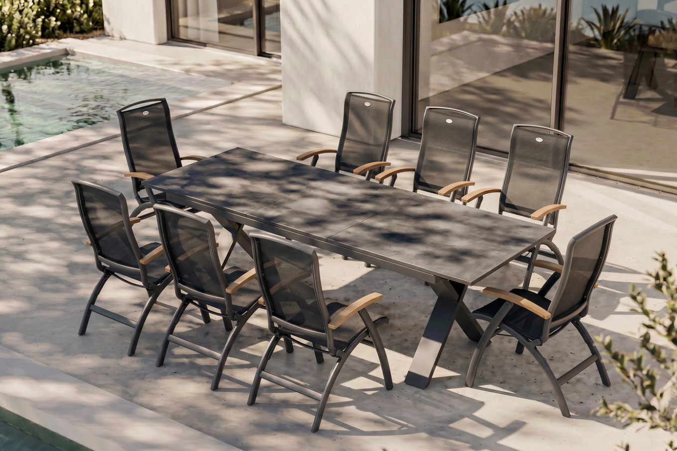 HARTMAN Sondermodell Xanadu / Da Vinci Garten-Essgruppe, xerix/anthrazit, Alu/Glaskeramik, 8 Klappstühle, 220/280x100cm