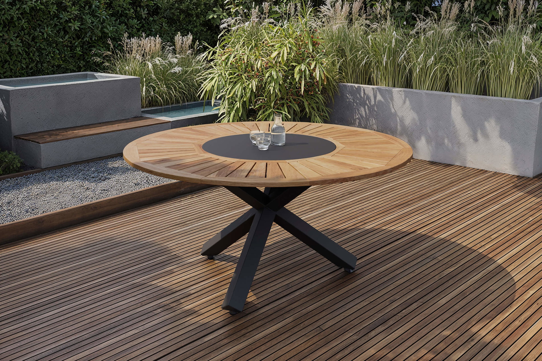 OUTFLEXX Esstisch, anthrazit matt, Alu/Teak, Ø150x75 cm, mit Glasinlay OUTFLEXX Esstisch, anthrazit matt, Alu/Teak, Ø150x75 cm, mit Glasinlay