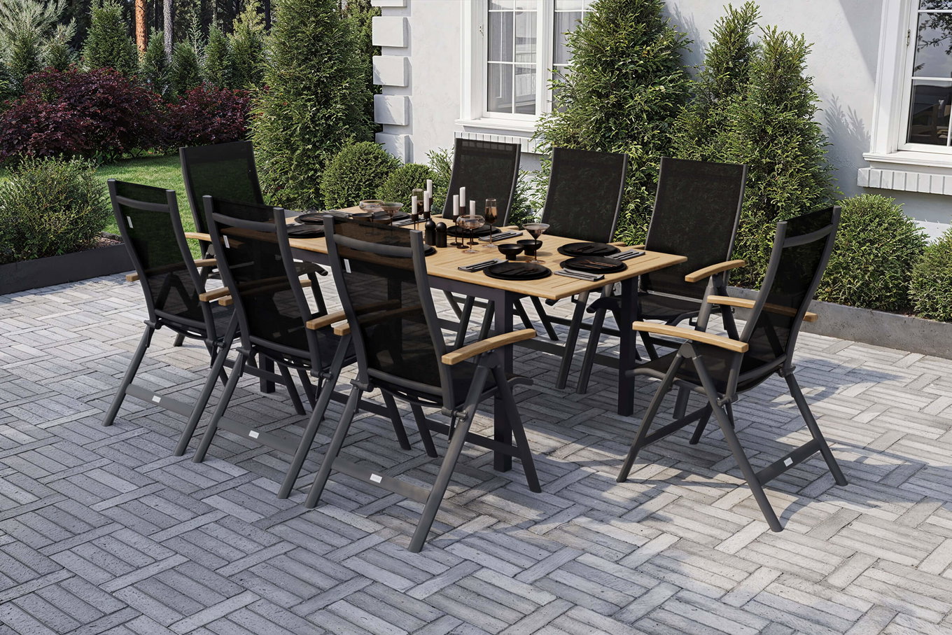 OUTFLEXX Garten-Essgruppe, anthrazit matt, Alu / Teak / Textil, Tisch 150/210x90cm, 8 Klappstühle