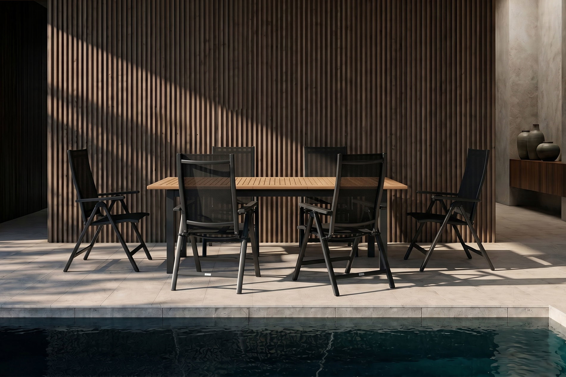 OUTFLEXX Garten-Essgruppe, OUTFLEXX® anthrazit matt, Alu / Teak / Textil, Ausziehtisch 180/240 x 100cm, 6 Klappstühle OUTFLEXX Garten-Essgruppe, OUTFLEXX® anthrazit matt, Alu / Teak / Textil, Ausziehtisch 180/240 x 100cm, 6 Klappstühle