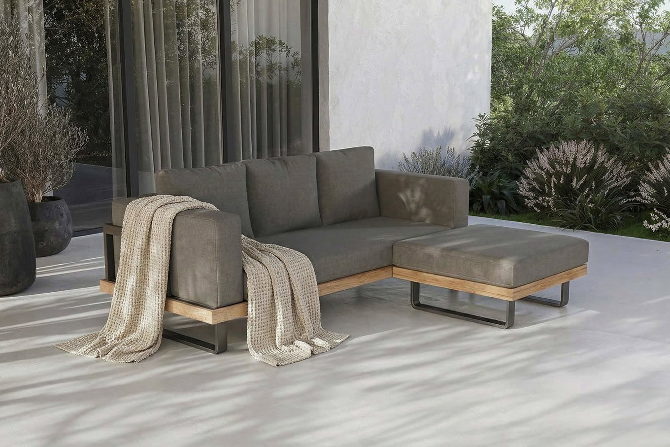 OUTFLEXX Gartenlounge für 3–4 Personen, Alu/Olefin/Akazie, gepolstert in grau, FSC®-zertifiziertes Produkt