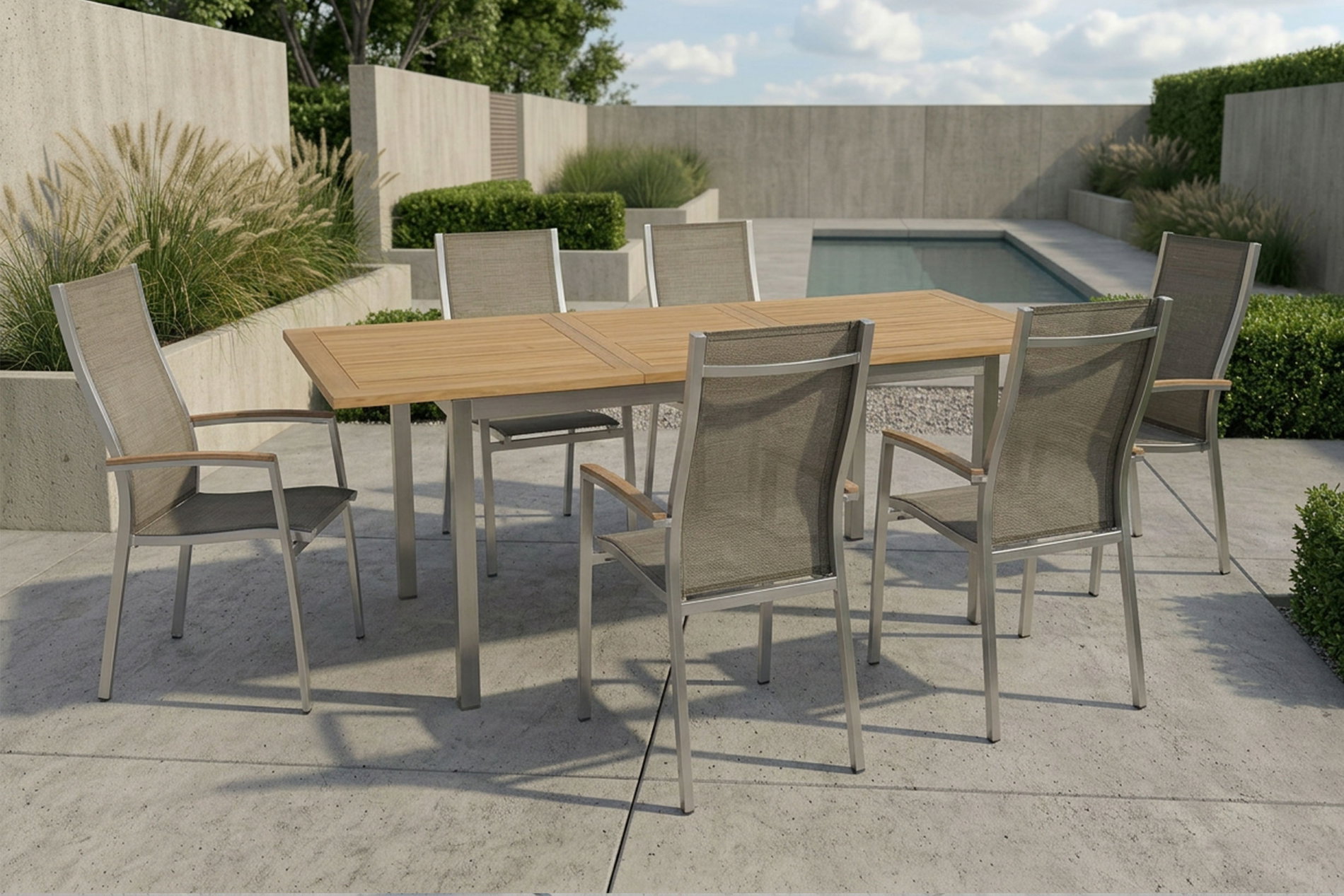 STERN Cardiff Garten-Essgruppe, silber/taupe, Edelstahl/Textilen/Teakholz, 162/220 x 90 cm, 6 Stapelsessel, Butterfly-Auszug STERN Cardiff Garten-Essgruppe, silber/taupe, Edelstahl/Textilen/Teakholz, 162/220 x 90 cm, 6 Stapelsessel, Butterfly-Auszug