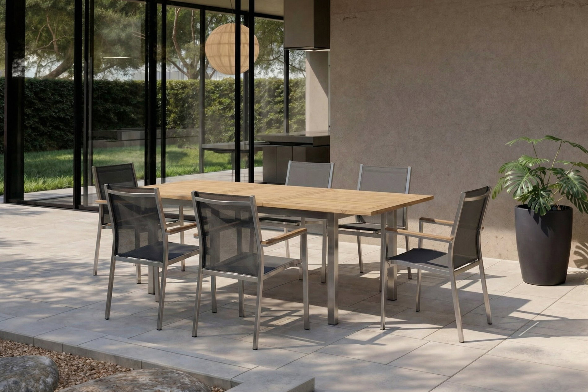 STERN Cardiff Garten-Essgruppe, silber/silbergrau, Edelstahl/Textilen/Teak, 160/220 x 90 cm, Butterfly-Auszug, 6 Stapelsessel STERN Cardiff Garten-Essgruppe, silber/silbergrau, Edelstahl/Textilen/Teak, 160/220 x 90 cm, Butterfly-Auszug, 6 Stapelsessel