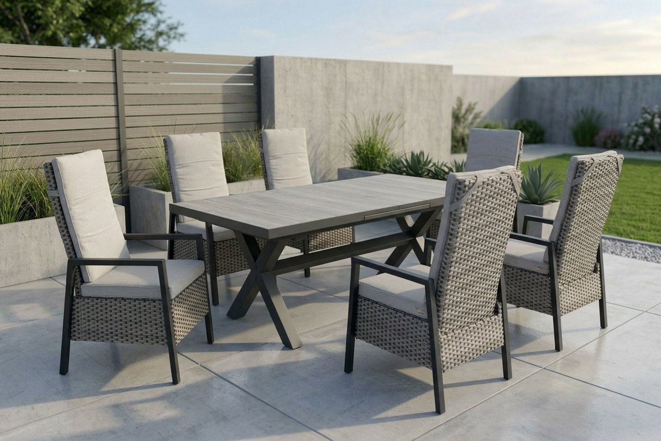OUTFLEXX Louvra Select Garten-Essgruppe, natur/anthrazit, Polyrattan/Alu, 6 Sessel, Tisch 160/210 x 100 cm