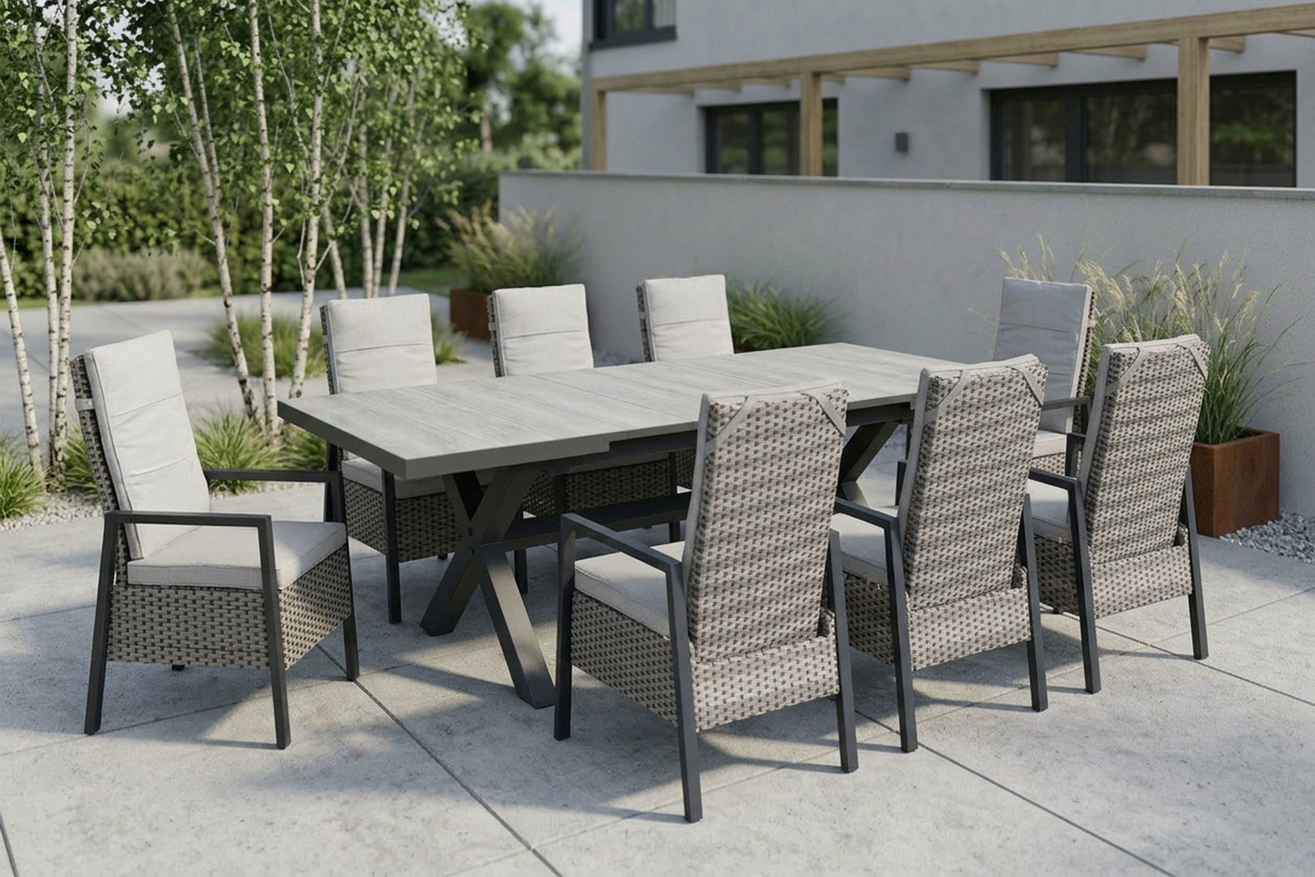 OUTFLEXX Louvra Select Garten-Essgruppe, natur/anthrazit, Polyrattan/Alu, Tisch 200/260 x 100 cm, 8 Sessel OUTFLEXX Louvra Select Garten-Essgruppe, natur/anthrazit, Polyrattan/Alu, Tisch 200/260 x 100 cm, 8 Sessel