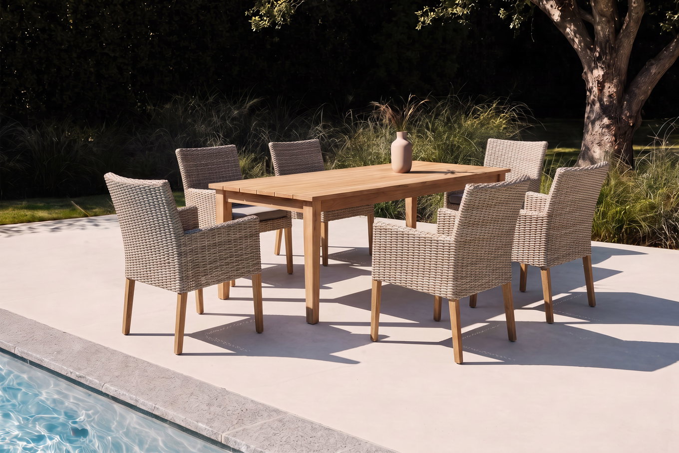 OUTFLEXX Borneo Garten-Essgruppe, beige-meliert, Polyrattan/Akazie, Tisch 180 x 90 cm, 6 Landhaussessel, FSC®-zertifiziertes Produkt