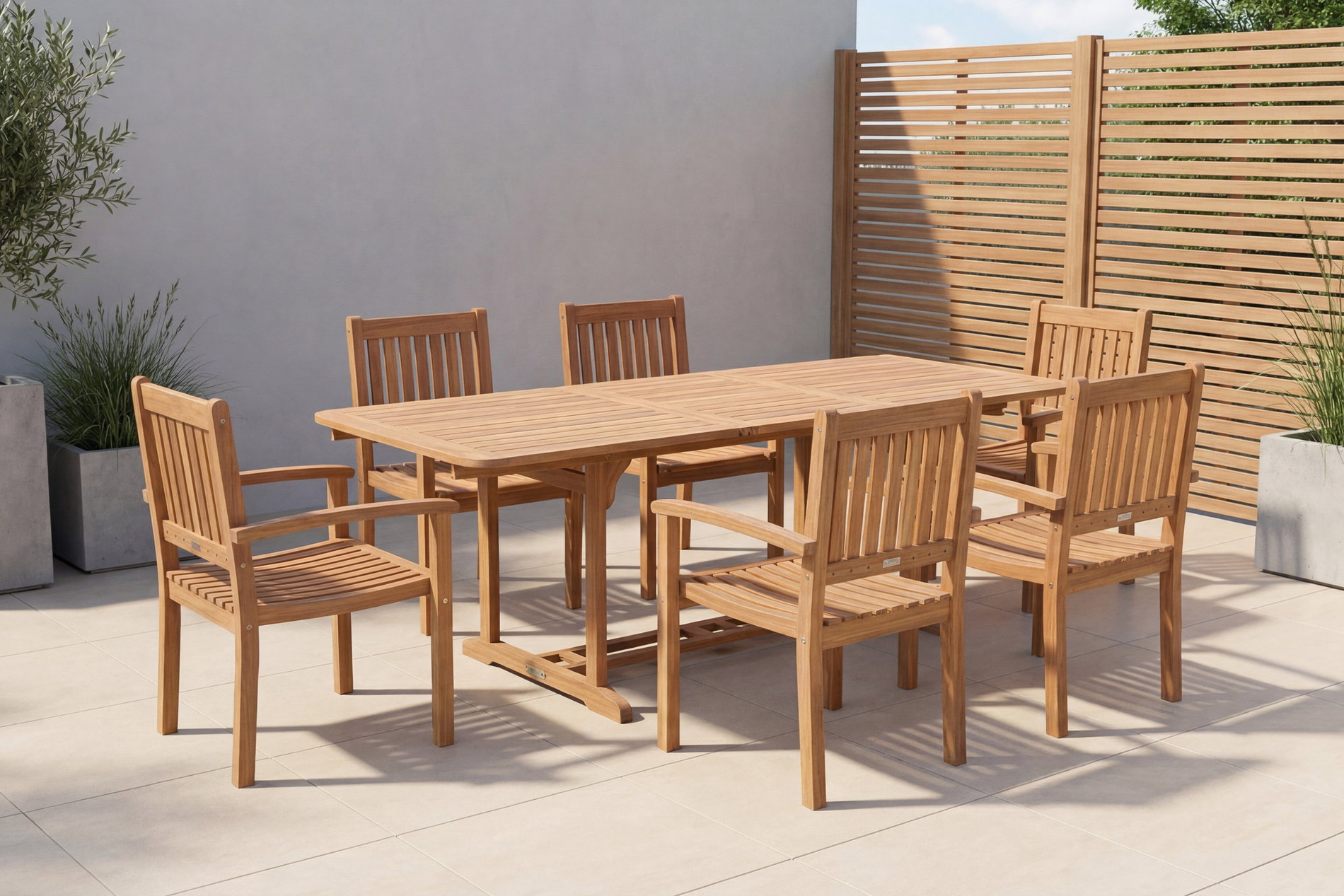 OUTFLEXX Garten-Essgruppe, natur, Akazie, Ausziehtisch 150/200 x 90 cm, 6 Armlehnensessel, FSC®-zertifiziertes Produkt OUTFLEXX Garten-Essgruppe, natur, Akazie, Ausziehtisch 150/200 x 90 cm, 6 Armlehnensessel, FSC®-zertifiziertes Produkt