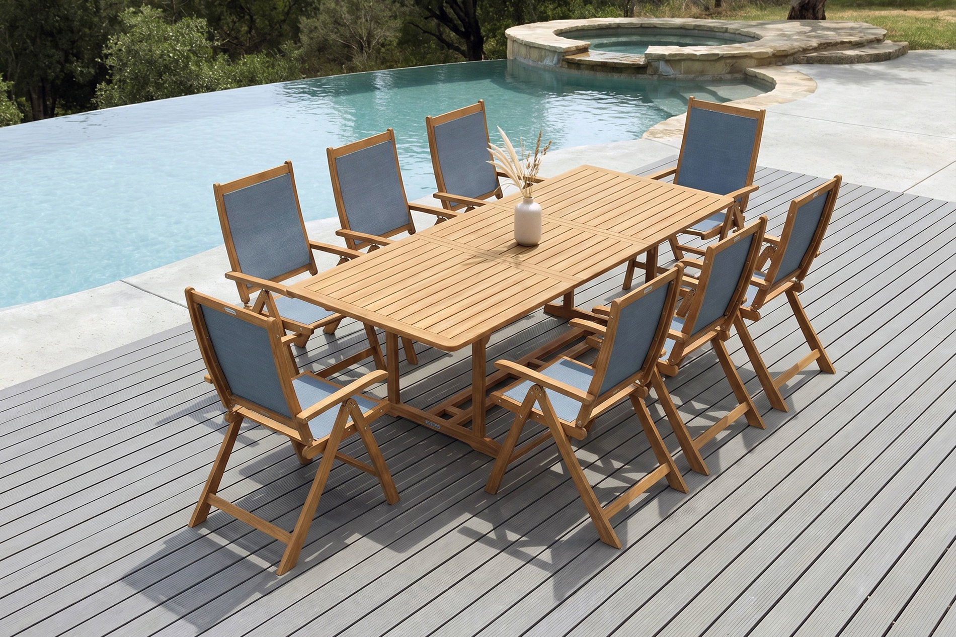 OUTFLEXX Garten-Essgruppe, natur/grau, Akazie/Textilene, Ausziehtisch 180/240 x 100 cm, 8 Klappstühle 5-fach, FSC®-zertifiziertes Produkt OUTFLEXX Garten-Essgruppe, natur/grau, Akazie/Textilene, Ausziehtisch 180/240 x 100 cm, 8 Klappstühle 5-fach, FSC®-zertifiziertes Produkt