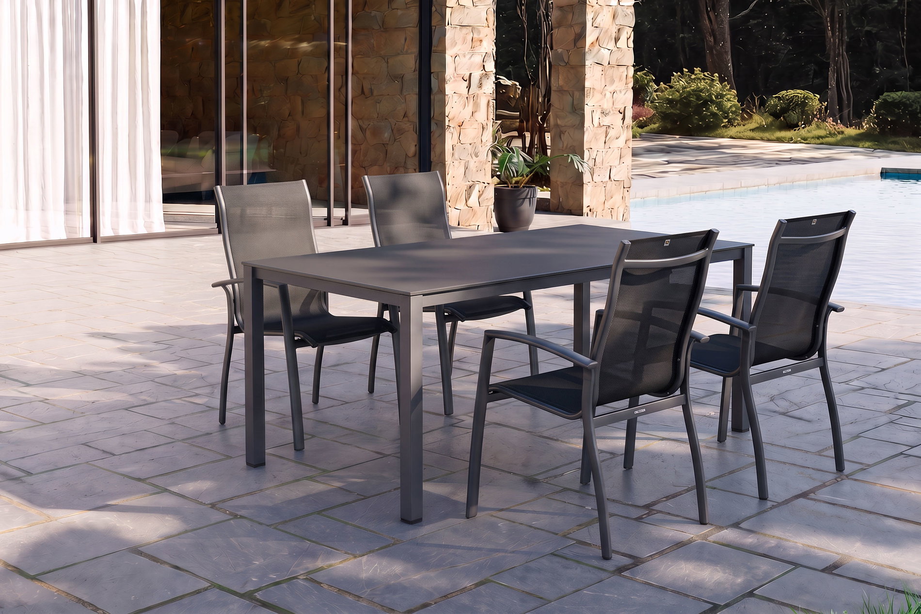 KETTLER KETTALUX-PLUS/Legato Curve Sitzgruppe, anthrazit, Alu/Textilene, Tisch 160x95 cm, 4 Stapelsessel, stapelbar KETTLER KETTALUX-PLUS/Legato Curve Sitzgruppe, anthrazit, Alu/Textilene, Tisch 160x95 cm, 4 Stapelsessel, stapelbar