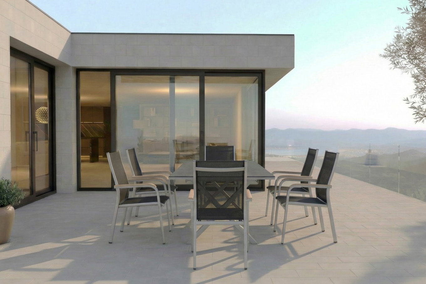 KETTLER Granada Garten-Essgruppe, silber / anthrazit, Alu / Spraystone / Teak, Tisch 180/280x100cm, 6 Stapelsessel