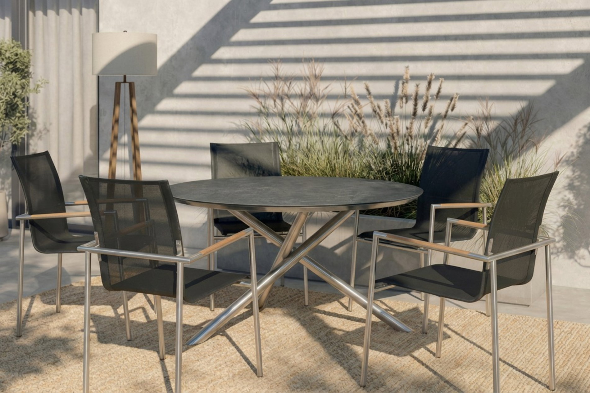 OUTFLEXX Garten-Essgruppe, silber/anthrazit, Edelstahl/Glaskeramik/Textilene, Tisch Ø150cm, 5 Personen OUTFLEXX Garten-Essgruppe, silber/anthrazit, Edelstahl/Glaskeramik/Textilene, Tisch Ø150cm, 5 Personen