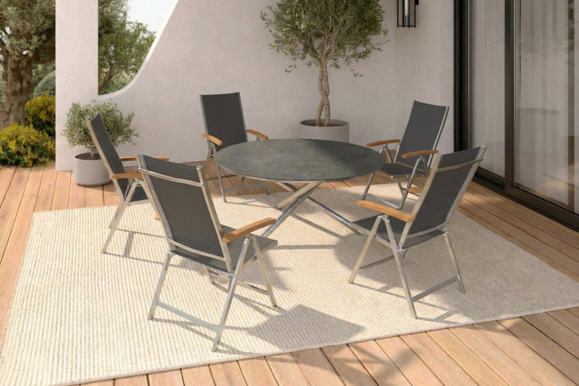 OUTFLEXX Garten-Essgruppe, silber/schwarz, Edelstahl/Glaskeramik/Textilene/Teakholz, Tisch Ø150cm, 5 Klappstühle, verstellbar