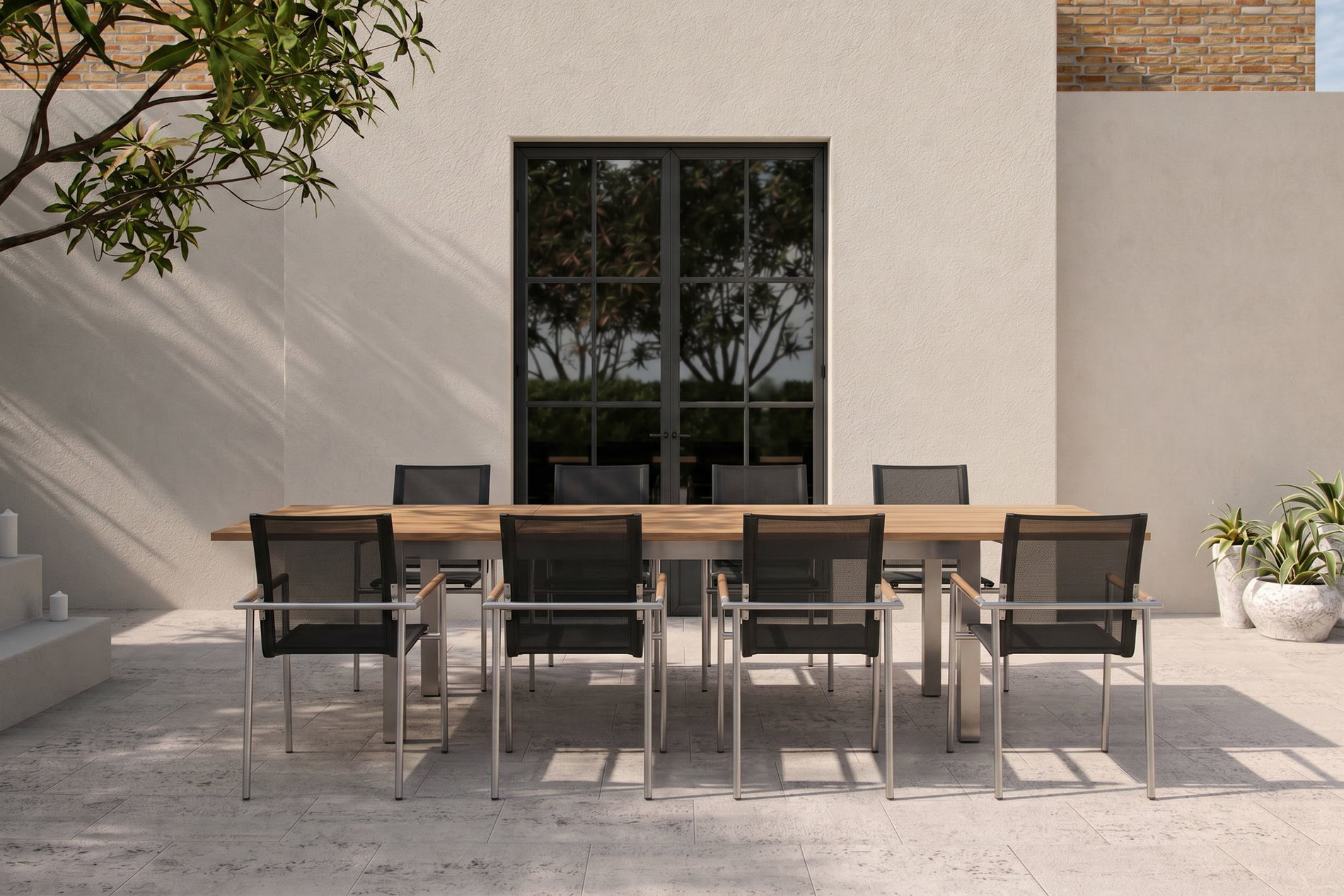 OUTFLEXX Garten-Essgruppe, natur/anthrazit, Edelstahl/Textilene/Teakholz, Ausziehtisch 220/340x100cm, 8 Diningsessel, FSC®-zertifiziertes Produkt
