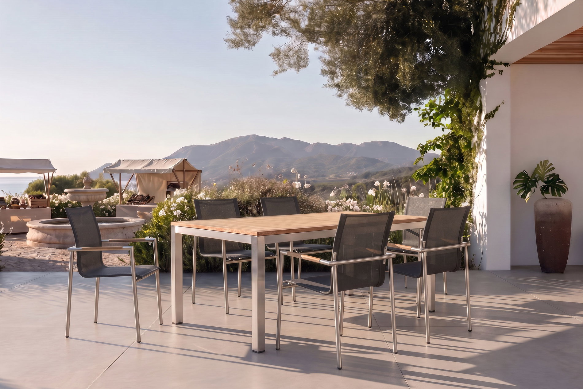 OUTFLEXX Garten-Essgruppe, natur/anthrazit, Edelstahl/Textilene/Teakholz, Ausziehtisch 180/240x100cm, 6 Diningsessel, FSC®-zertifiziertes Produkt
