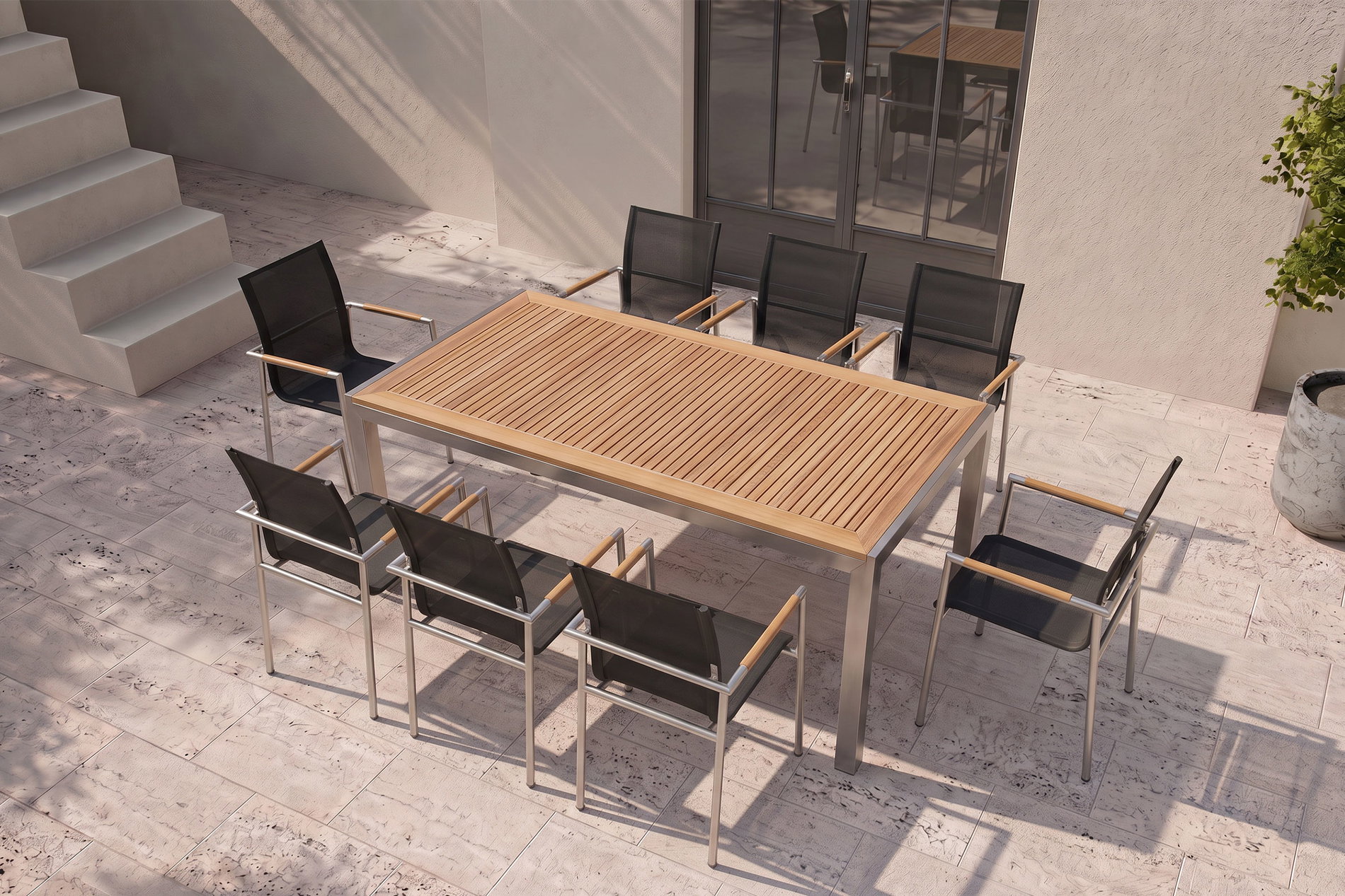 OUTFLEXX Garten-Essgruppe, natur/anthrazit, Edelstahl/Textilene/Teak, Tisch 180x90cm, 8 Diningsessel