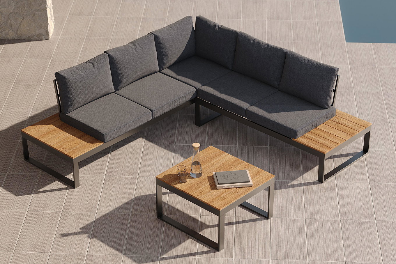 OUTFLEXX Ecklounge, anthrazit matt, Alu/Holzoptik, 5 Personen, Seitenablage